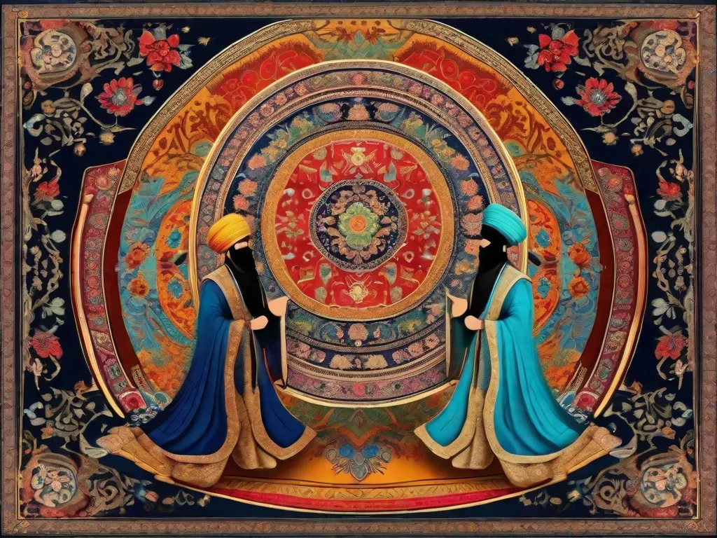 Uma imagem vibrante de um tapete persa, adornado com padrões intricados e cores vibrantes, simbolizando o rico patrimônio cultural da Pérsia. No centro, uma silhueta mística de Rumi, o renomado poeta persa, cercado por caligrafia em turbilhão representando sua poesia profunda e transformadora.