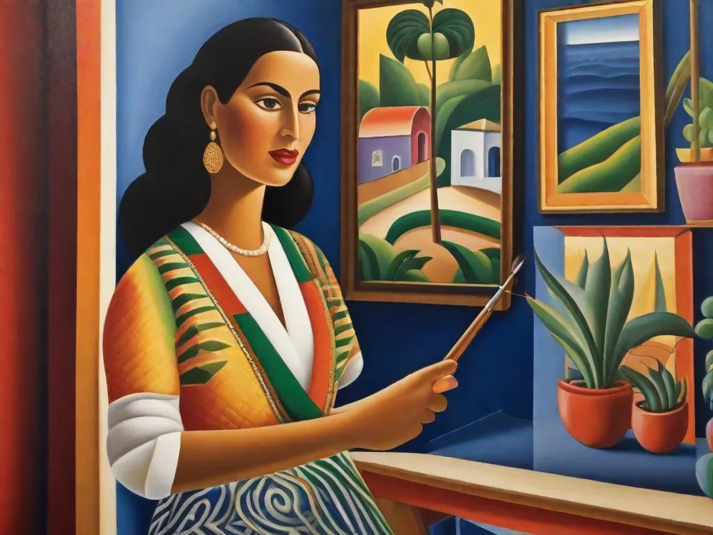 Nesta imagem, Tarsila do Amaral, uma renomada artista brasileira, é retratada pintando apaixonadamente em uma tela. Com pinceladas ousadas e cores vibrantes, ela captura a essência do modernismo brasileiro, exibindo seu estilo artístico único e contribuindo para o patrimônio cultural do Brasil.
