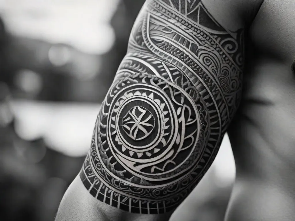 Uma imagem em close-up do antebraço de uma pessoa mostrando um vibrante e intrincado design de tatuagem Maori. Os padrões sinuosos e símbolos ousados representam a rica herança cultural e significado espiritual da arte Maori, convidando os espectadores a se aprofundarem no misticismo e história por trás dessa antiga forma de arte corporal.