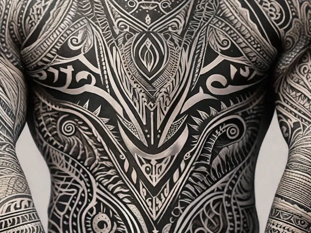 Uma imagem em close-up de um desenho de tatuagem Maori lindamente intrincado, mostrando os padrões e símbolos intrincados que possuem significados culturais e espirituais profundos. A tinta preta se destaca na pele, criando uma representação visual impressionante da rica história e misticismo por trás da arte da tatuagem Maori.