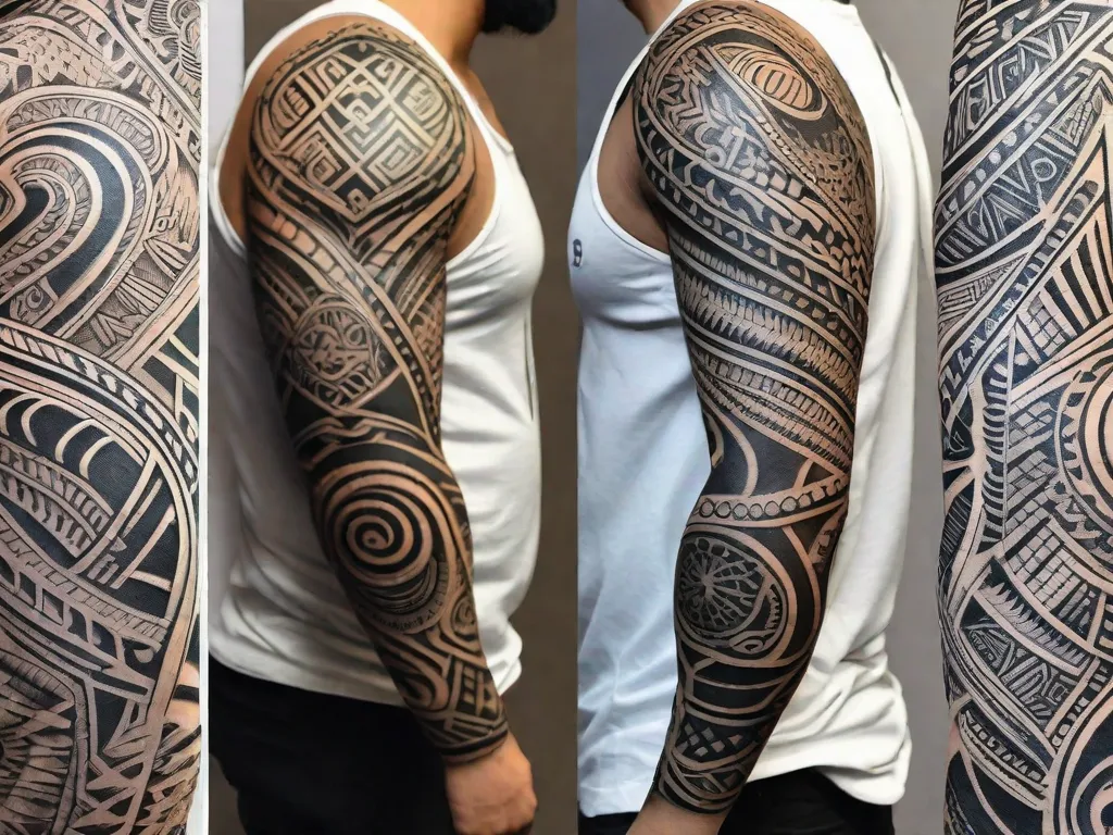 Um intrincado desenho de tatuagem tribal Maori exibido no braço superior de uma pessoa. A tinta preta forma padrões e símbolos complexos, representando a rica herança cultural e o significado espiritual da arte Maori. O design incorpora força, identidade e a interconexão do povo Maori com seus ancestrais e ambiente natural.