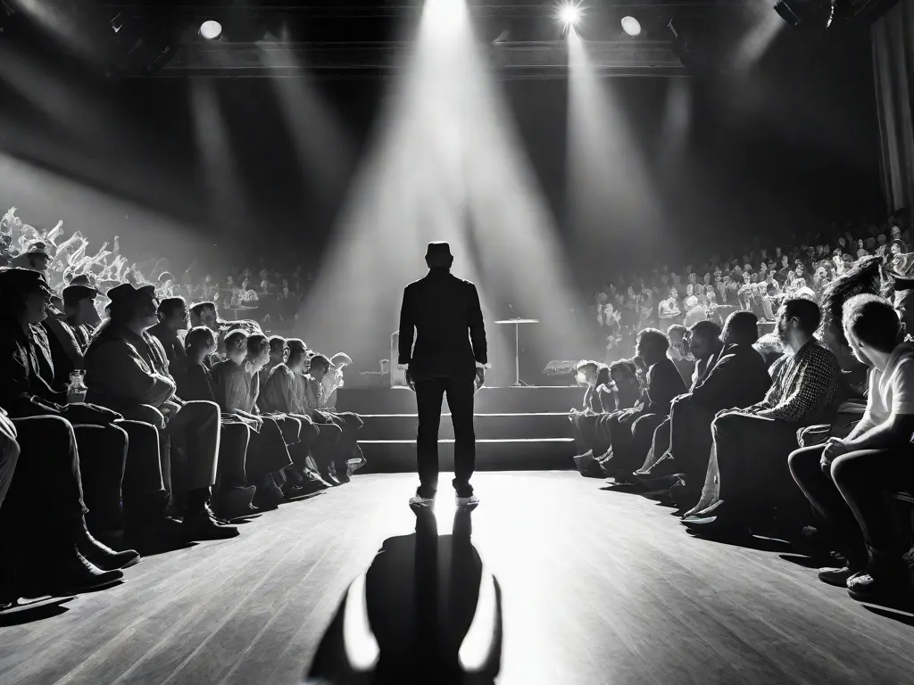 Uma fotografia em preto e branco de um palco com um holofote iluminando um ator solitário, capturando a intensidade e paixão de sua performance. A imagem reflete o poder do teatro como uma plataforma para críticas sociais, onde arte e ativismo se entrelaçam para provocar reflexão e inspirar mudanças.