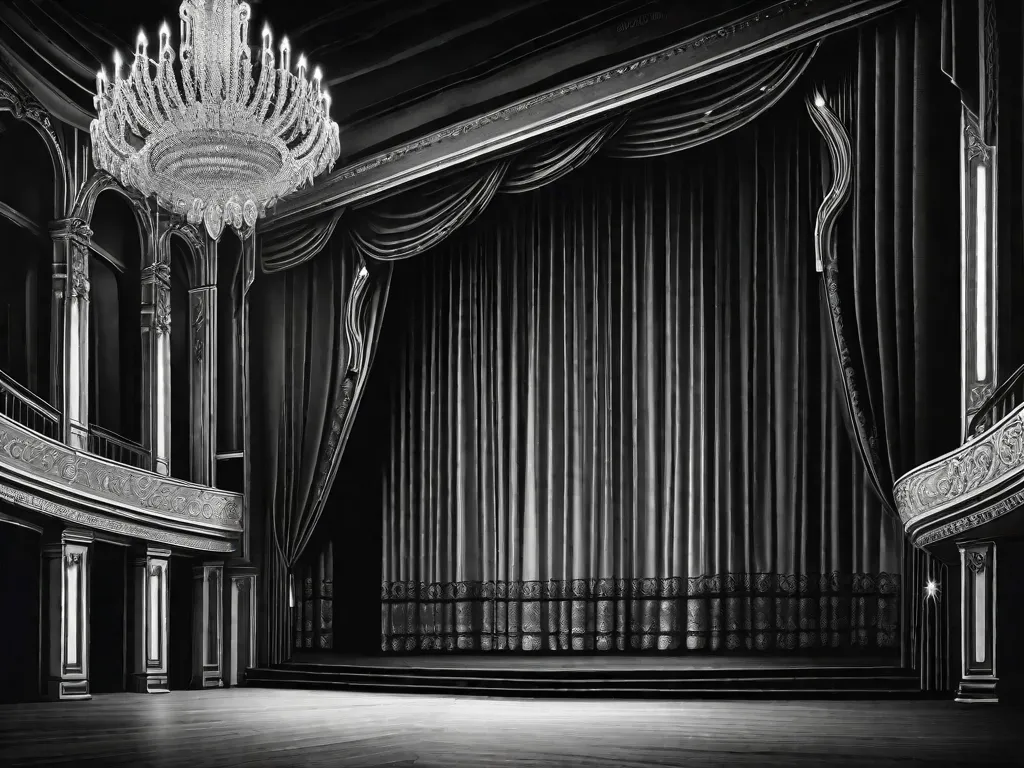 Descrição da imagem: Uma fotografia em preto e branco de um palco de teatro grandioso, adornado com cortinas elaboradas e um majestoso lustre pendurado no teto. O palco está vazio, mas exala uma sensação de antecipação e história, simbolizando a evolução e o legado do teatro no Brasil.