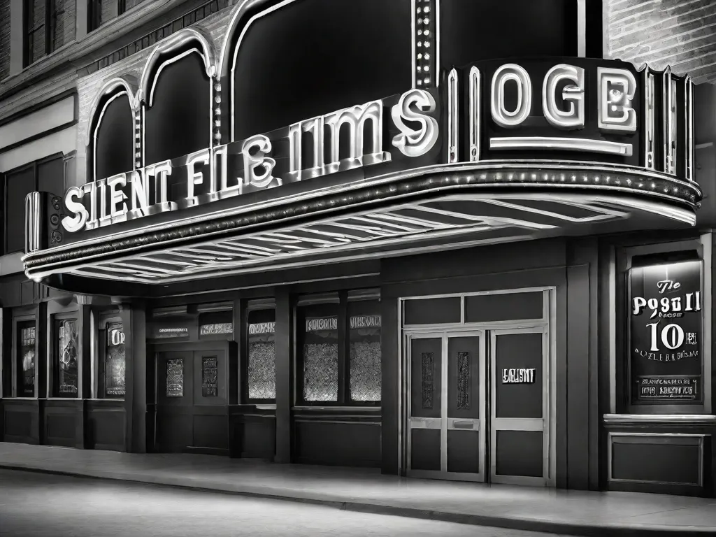 Uma imagem em preto e branco de uma marquise de cinema antigo, com as palavras 