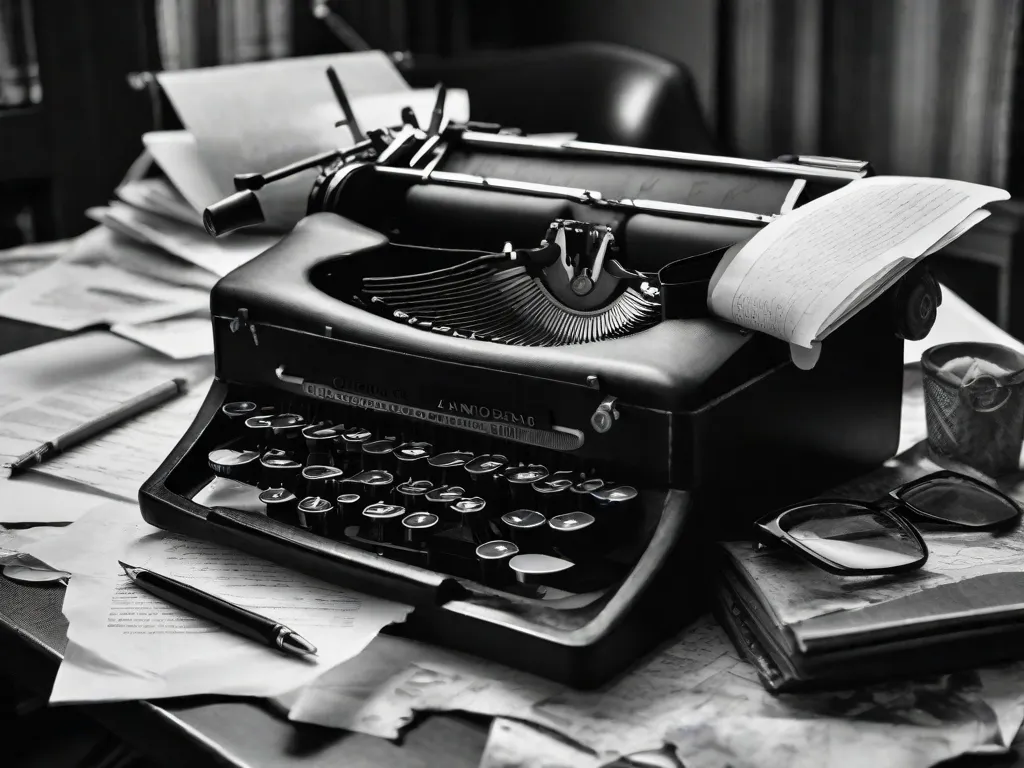 Uma fotografia em preto e branco de uma antiga máquina de escrever sentada em uma mesa de madeira, cercada por folhas amassadas de papel. A luz fraca de uma janela próxima lança um brilho suave sobre a máquina de escrever, destacando suas teclas desgastadas e a tinta desbotada no papel.
