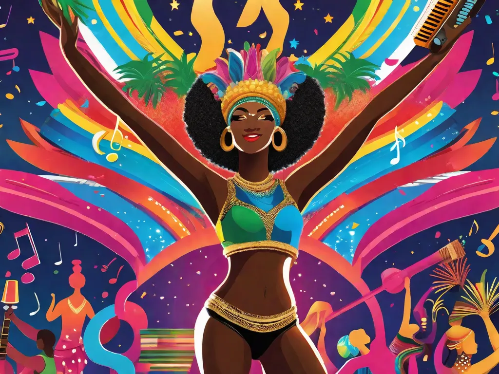 Uma capa de livro vibrante apresentando a icônica silhueta de uma dançarina de samba, cercada por notas musicais e instrumentos coloridos. O título 