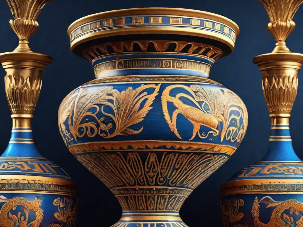 Uma imagem em close-up de um intrincado vaso de cerâmica grego, mostrando seus padrões lindamente pintados e artesanato detalhado. As cores vibrantes e motivos antigos contam a história do rico patrimônio cultural e habilidades artísticas da civilização grega ao longo dos séculos.