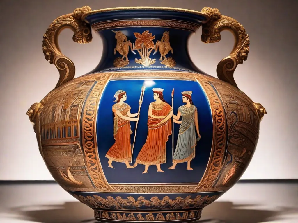 Uma imagem em close-up de um vaso de cerâmica grega lindamente trabalhado, retratando padrões intricados e cenas da mitologia antiga. As cores vibrantes e a habilidade detalhada mostram a rica história e significado cultural da cerâmica grega ao longo dos séculos.