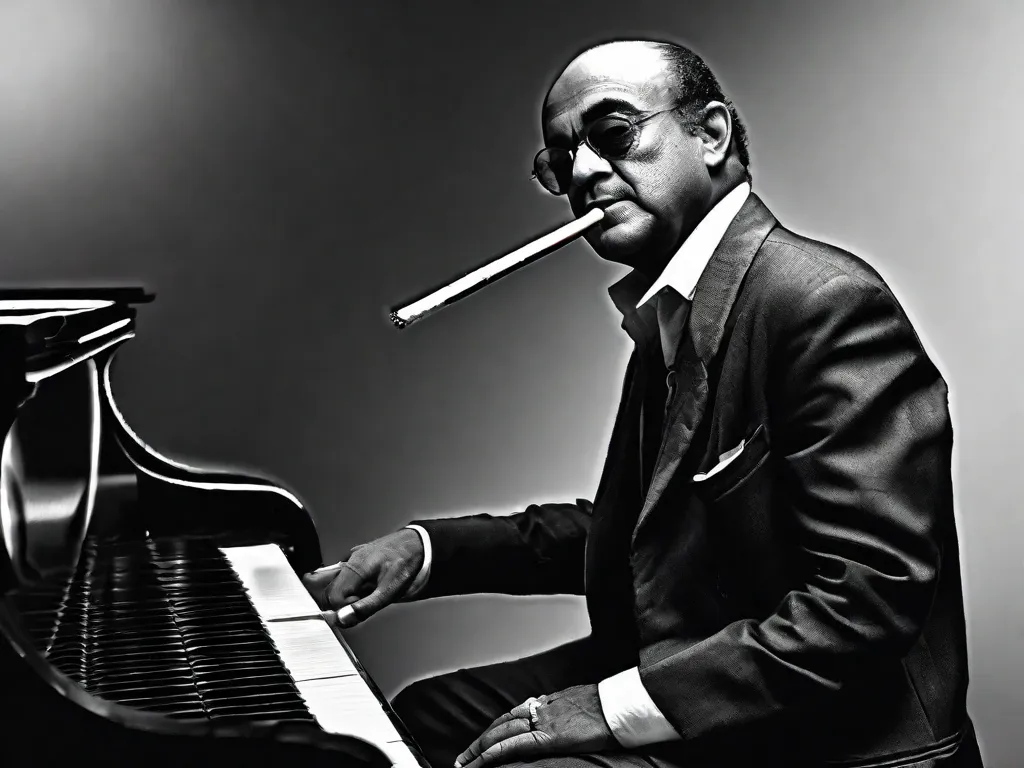 Uma fotografia em preto e branco de Vinicius de Moraes, o renomado poeta e músico brasileiro, sentado ao piano com um cigarro em uma mão e um copo de vinho na outra. A imagem captura sua paixão e essência artística, assim como o fascínio atemporal de sua obra.