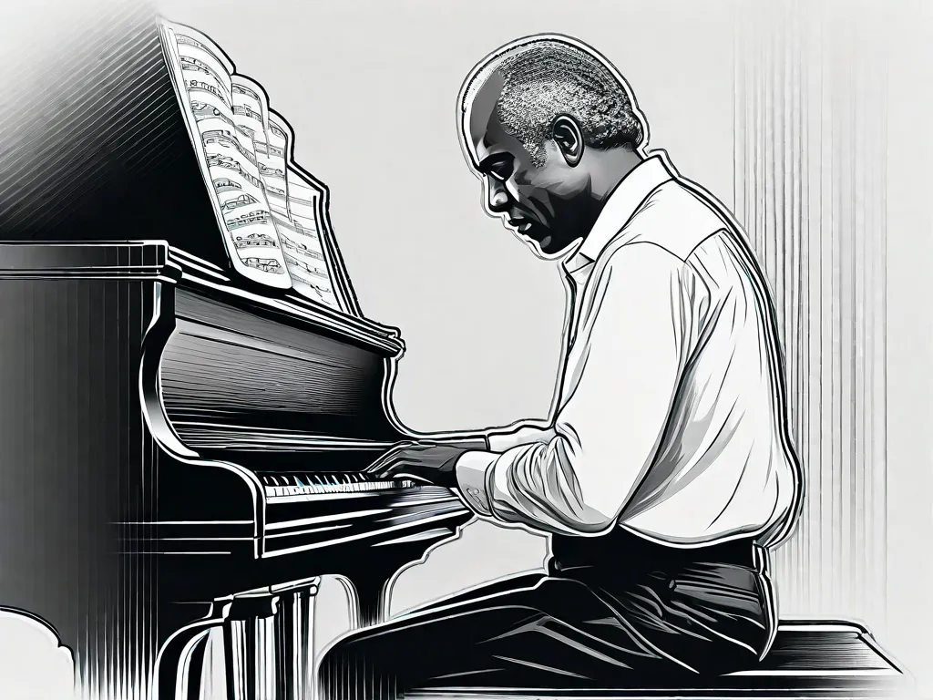 Uma fotografia em preto e branco de Vinicius de Moraes sentado ao piano, suas mãos deslizando graciosamente pelas teclas. A imagem captura a essência de sua alma poética, sua profunda conexão com a música e o amor profundo que permeava seu trabalho.
