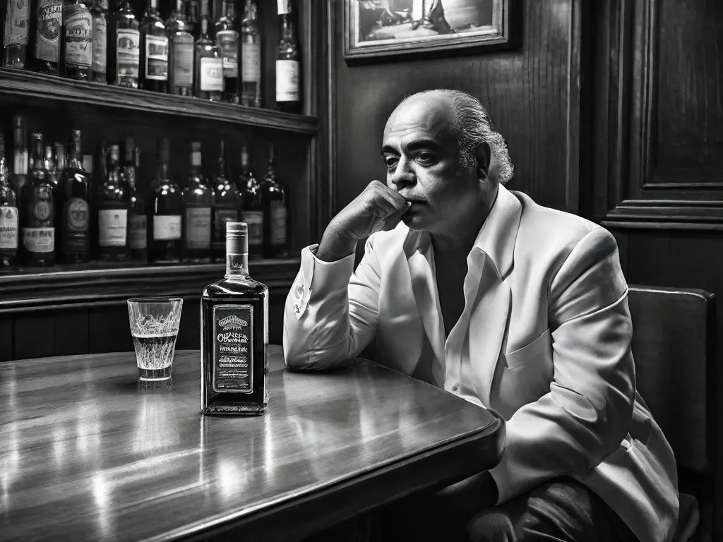 Uma fotografia em preto e branco captura Vinicius de Moraes sentado em uma mesa de café pouco iluminada, um cigarro em uma mão e um copo de uísque na outra. Seus olhos estão cheios de uma mistura de paixão e melancolia, refletindo a essência lírica de sua poesia e as melodias soulful da Bossa Nova.