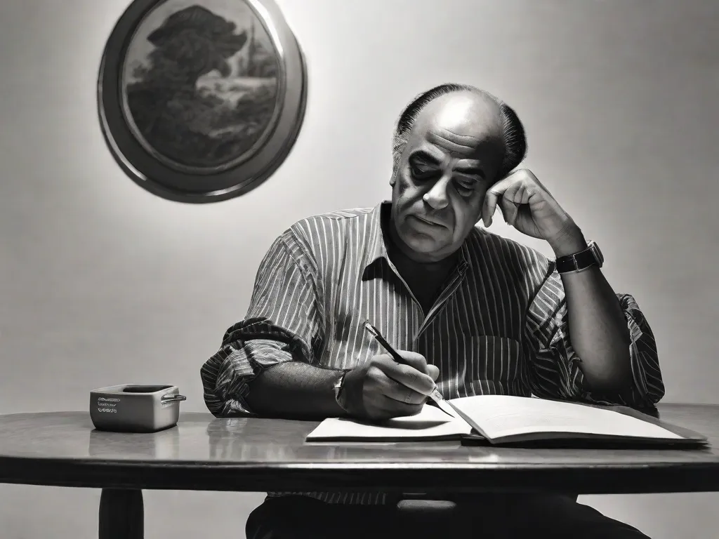 Uma fotografia em preto e branco captura Vinícius de Moraes, o poeta da paixão, sentado em um café pouco iluminado, seu rosto iluminado pelo brilho suave de um cigarro. Com uma expressão contemplativa, ele segura uma caneta na mão, pronta para dar vida às suas palavras poéticas no papel.