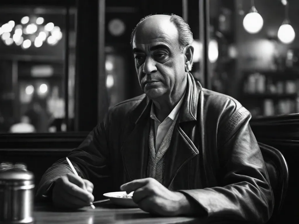 Uma fotografia em preto e branco de Vinícius de Moraes, o poeta e compositor brasileiro, sentado em uma mesa pouco iluminada em um café aconchegante. Com um cigarro na mão e uma expressão contemplativa no rosto, ele exala uma aura de paixão e melancolia, incorporando seu espírito poético.