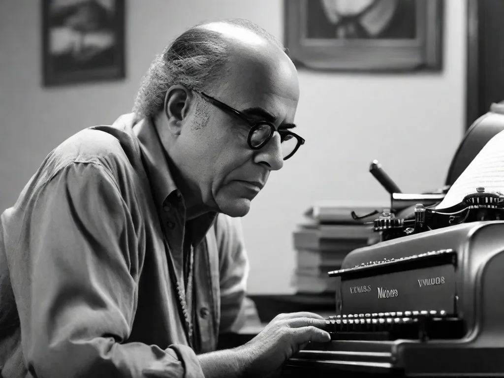 Uma fotografia em preto e branco de Vinicius de Moraes, renomado poeta e compositor brasileiro, sentado em uma máquina de escrever com expressão contemplativa. A imagem captura sua paixão pelas palavras e pela música, assim como a intensidade e profundidade de seu processo criativo.