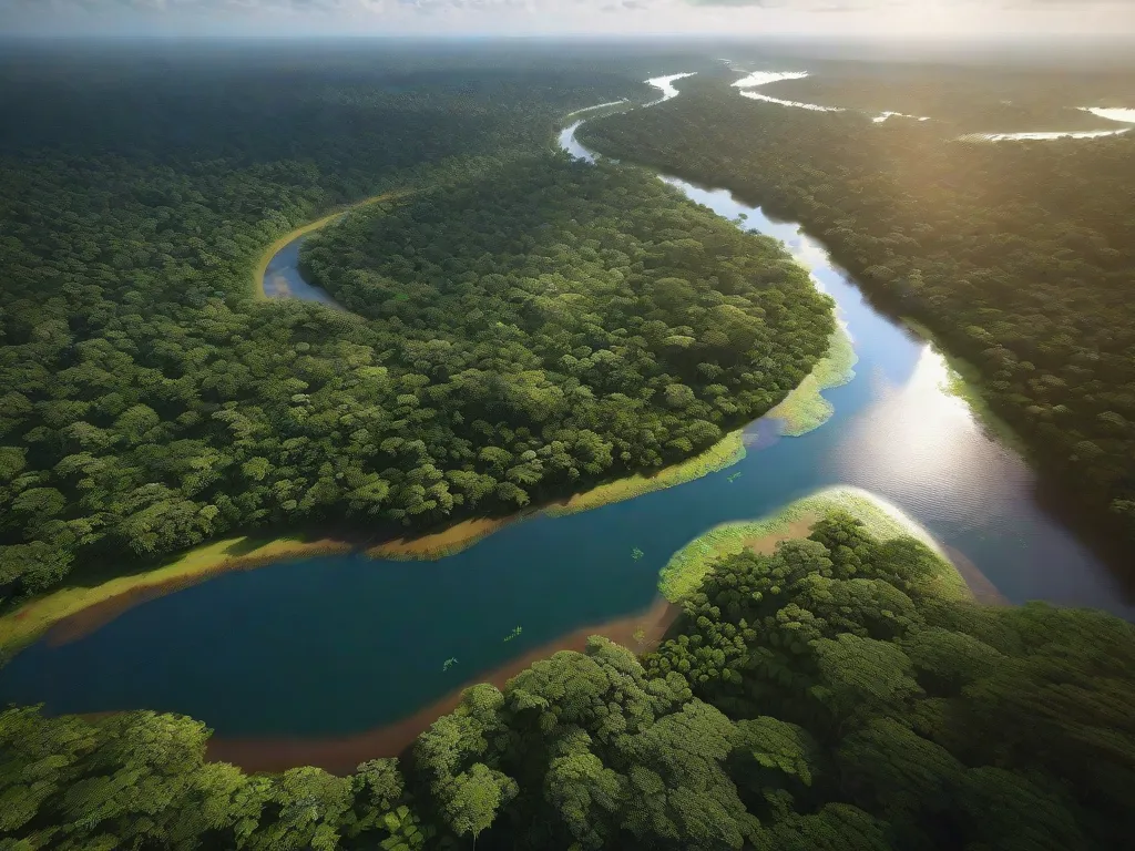 Descrição da imagem: Uma vista aérea de tirar o fôlego da Floresta Amazônica, mostrando sua vasta extensão de árvores verdes exuberantes e rios sinuosos. A luz do sol penetra na densa copa, lançando belas sombras no chão da floresta. A imagem captura a beleza e serenidade brutas da Amazônia, convidando