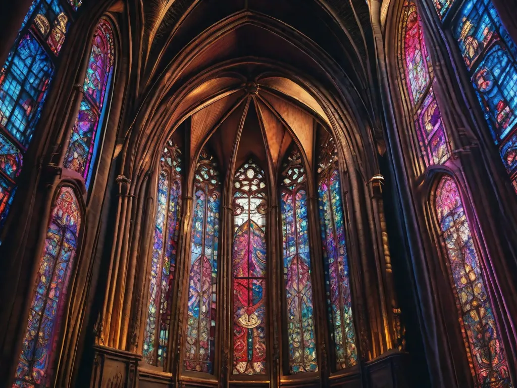 Uma imagem em close-up de uma janela de vitral lindamente intrincada em uma catedral gótica. As cores vibrantes e os desenhos detalhados nos transportam de volta no tempo, permitindo-nos observar e apreciar as conquistas artísticas e arquitetônicas do passado.
