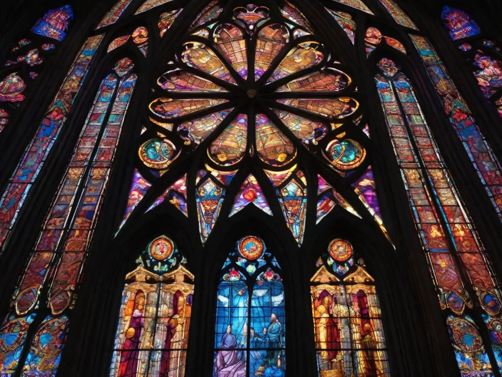 Uma imagem em close-up de uma janela de vitral lindamente intrincada em uma catedral gótica. As cores vibrantes e os padrões detalhados retratam cenas da história, permitindo-nos vislumbrar o passado e apreciar a arte e a habilidade da época. Raios de sol que atravessam o vidro criam um fascinante jogo de luz e sombras.