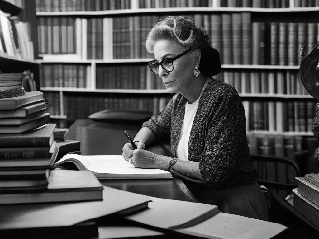 Uma fotografia em preto e branco de Zélia Gattai, uma autora brasileira, sentada em sua escrivaninha. A imagem captura ela profundamente pensativa, cercada por livros e papéis. As rugas em seu rosto contam a história de uma vida cheia de paixão e dedicação à literatura.