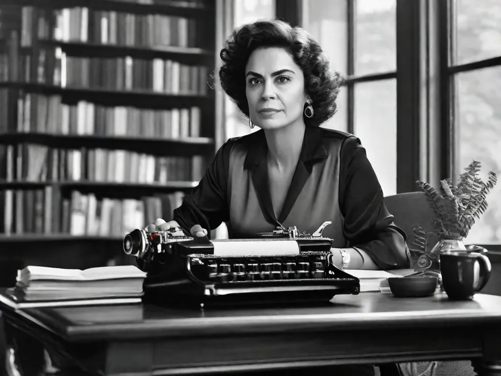 Uma fotografia em preto e branco de Zélia Gattai, uma escritora brasileira, sentada em uma mesa com uma máquina de escrever. Ela está rodeada por livros, papéis e uma xícara de café. A imagem captura sua expressão concentrada enquanto ela escreve, incorporando o poder e a criatividade da narrativa feminina.