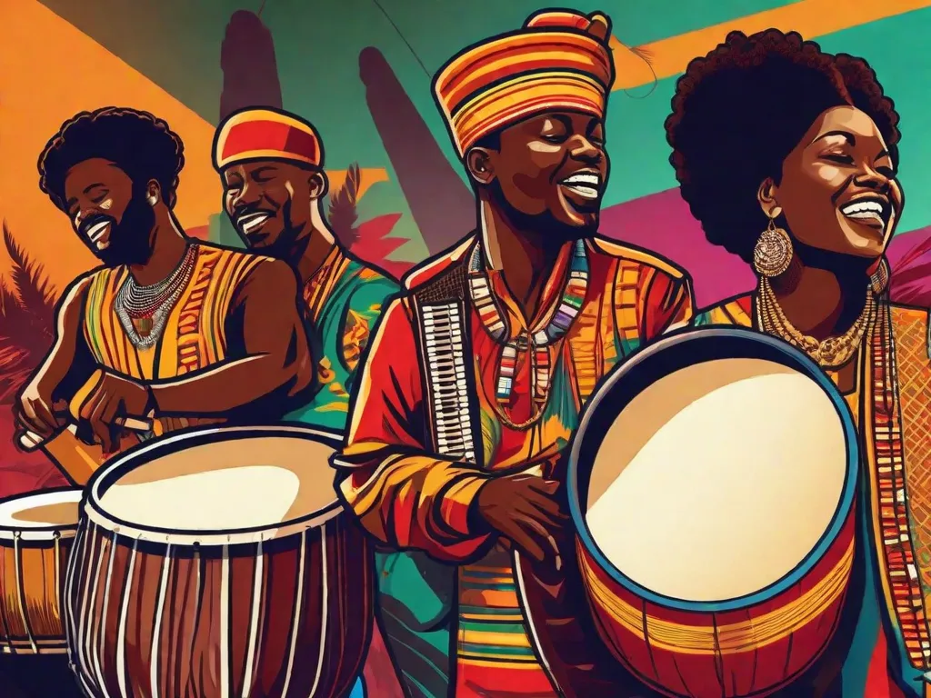 Descrição da imagem:
Na imagem, uma banda de Afrobeat vibrante e enérgica está se apresentando no palco. Os músicos, vestidos com trajes tradicionais africanos coloridos, estão tocando uma variedade de instrumentos, incluindo tambores, guitarras e saxofones. A plateia está cativada pelo ritmo contagiante e pelos movimentos de dança, mostrando a poderosa influência da cultura