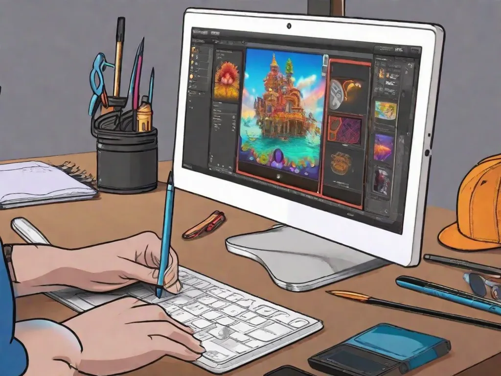 Uma tela de computador exibindo uma interface de software de animação 2D, com várias ferramentas e opções visíveis. A mão do usuário é vista segurando uma caneta stylus, desenhando um personagem em uma tablet digital. As cores vibrantes e os detalhes intrincados do personagem dão vida a ele na tela.