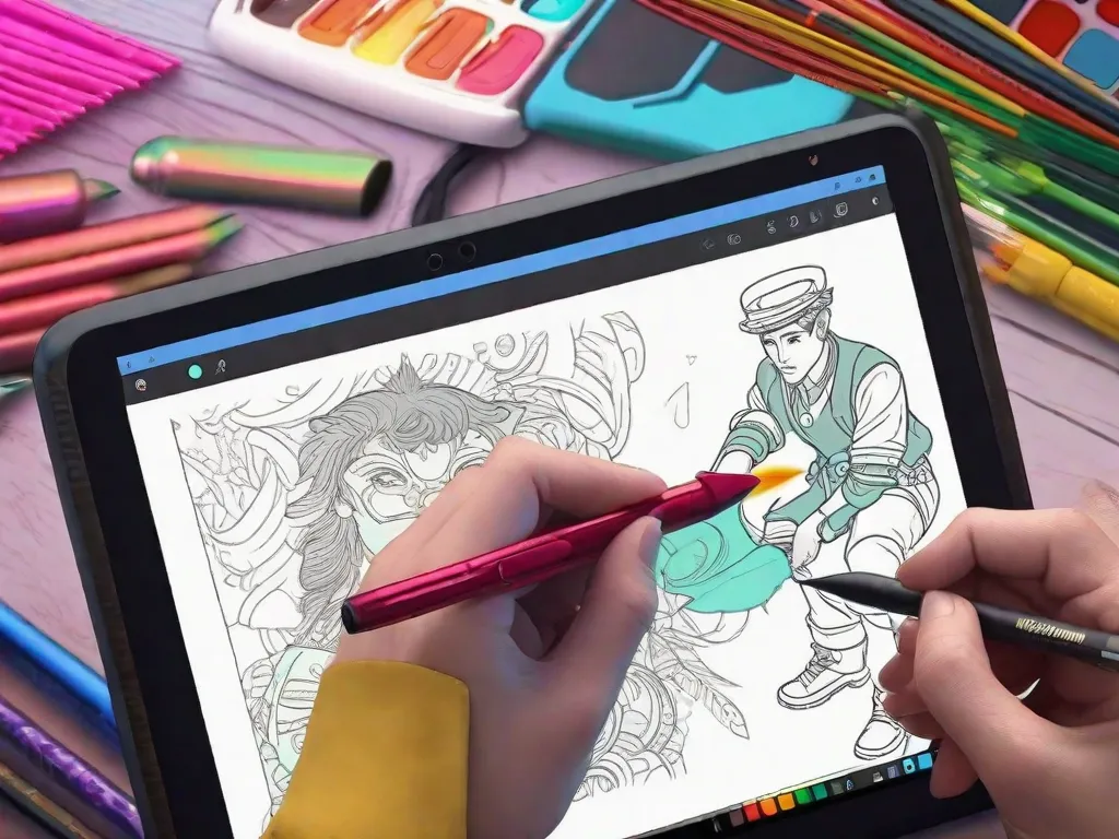 Um close-up de uma tela de computador exibindo a interface de um software de animação 2D. A mão do artista é vista usando uma caneta stylus para desenhar um personagem em uma mesa digitalizadora. As cores vibrantes e os detalhes intricados do personagem dão vida à animação.