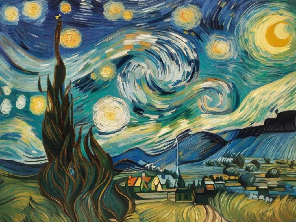 Uma imagem que poderia ilustrar a influência da arte do século XIX no design contemporâneo é uma comparação lado a lado de uma pintura de Vincent van Gogh, como 