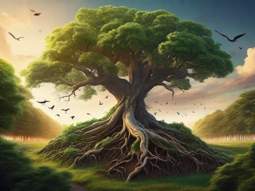 Metáforas Visuais em Ilustrações: Uma ilustração vibrante de uma árvore com raízes se espalhando profundamente no chão, simbolizando a base sólida do conhecimento. Os galhos se estendem para o céu, se transformando em um bando de pássaros, representando a liberdade e as possibilidades ilimitadas que vêm com o aprendizado.