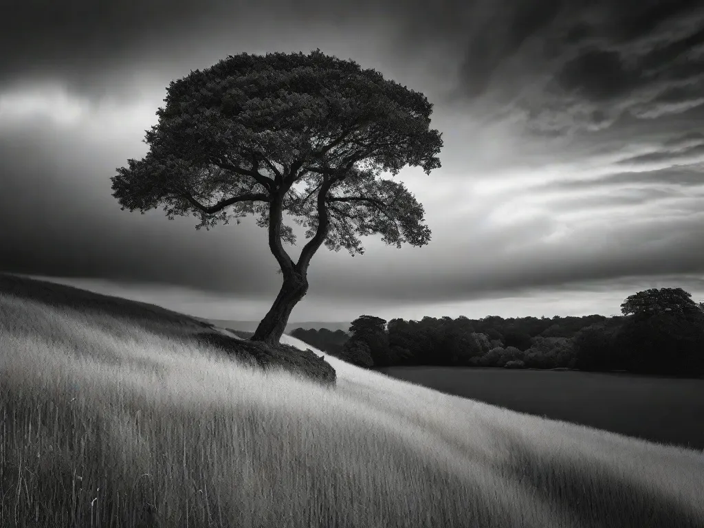 Descrição: Uma impressionante fotografia em preto e branco de uma árvore solitária erguendo-se contra um dramático céu nublado. O contraste entre os galhos escuros da árvore e o céu claro cria uma imagem cativante e atemporal, destacando a beleza e o poder da fotografia em preto e branco.