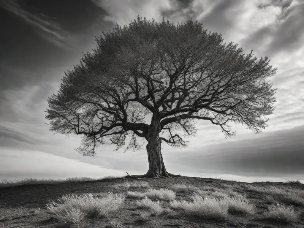Descrição da imagem: Uma impressionante fotografia em preto e branco de uma árvore solitária erguendo-se em uma paisagem árida. Os ramos intricados se estendem em direção ao céu, criando uma silhueta cativante contra o pano de fundo de um céu dramático e nublado. Os tons monocromáticos enfatizam o contraste e a textura, realç