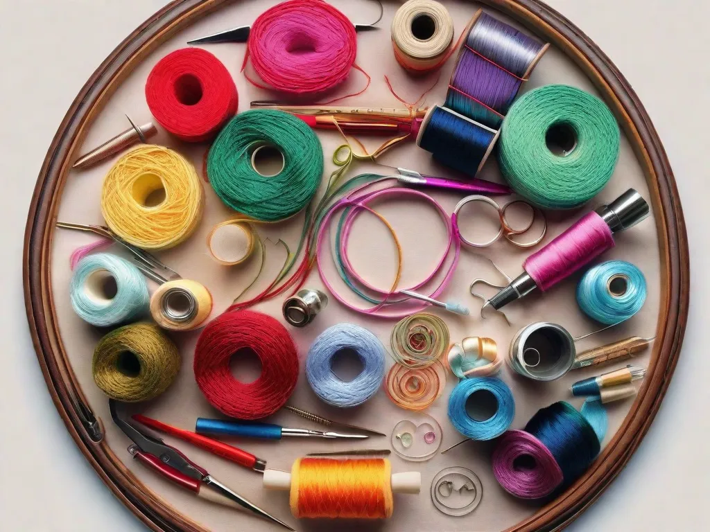 Uma imagem em close-up de um bastidor de bordado colorido cheio de vários fios, agulhas e tesouras. Os fios vibrantes criam padrões intricados em um pedaço de tecido, exibindo a arte e a criatividade do bordado.