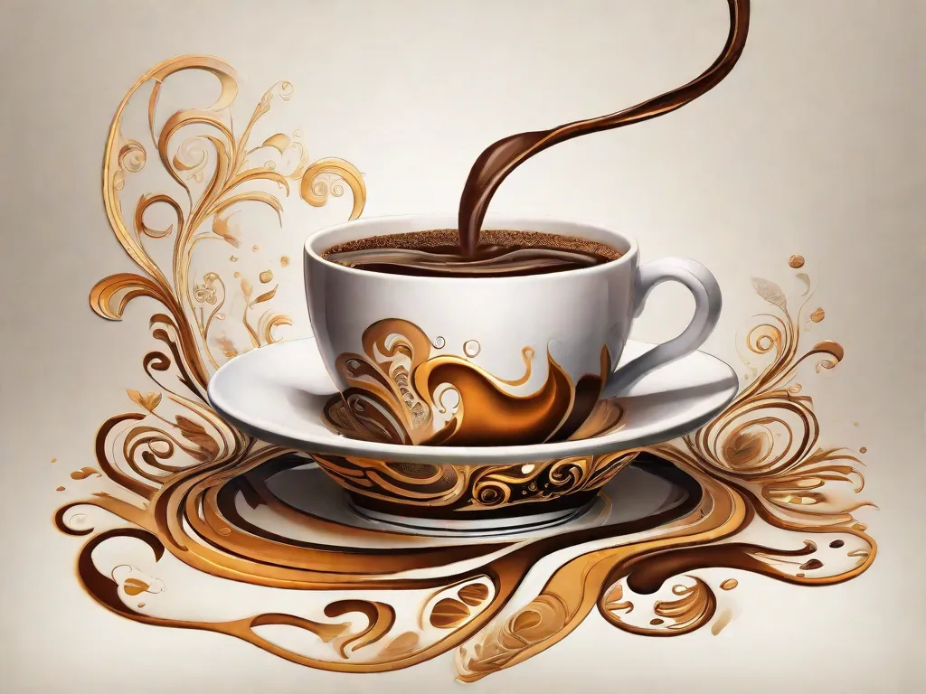 Descrição: Uma imagem em close-up de uma xícara de café fumegante, cercada por vibrantes redemoinhos de arte em café. Os padrões e desenhos intricados criados com o café retratam várias técnicas e estilos, mostrando a criatividade e habilidade envolvidas na arte da pintura com café.