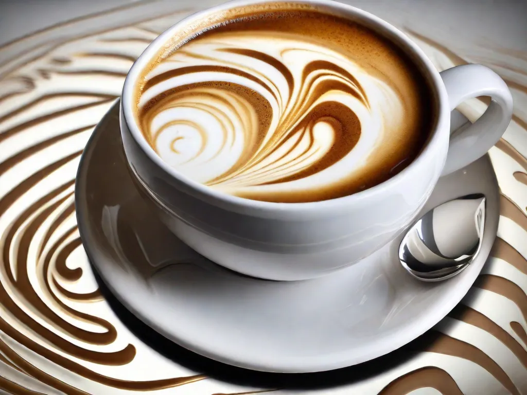 Descrição: Uma imagem em close-up de uma xícara de café fumegante com padrões elaborados criados na superfície usando a técnica de arte latte. O design apresenta um padrão delicado e ondulado formado ao despejar habilmente leite vaporizado no café, resultando em uma obra de arte bonita e visualmente atraente.