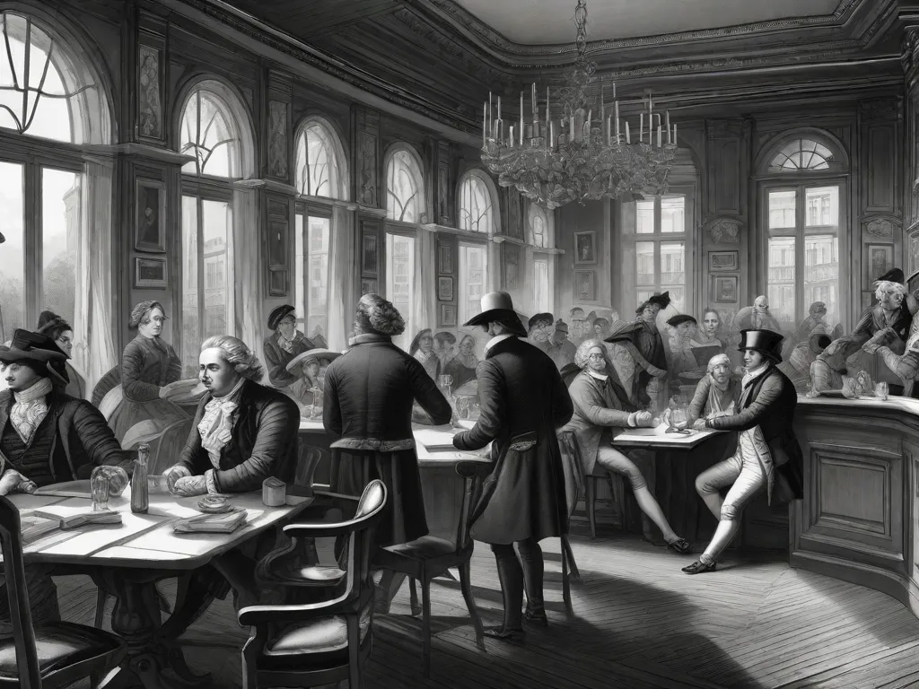 Descrição da imagem:
Uma ilustração em preto e branco retratando um café lotado em Paris no século XVIII. Intelectuais e escritores estão envolvidos em discussões animadas, cercados por pilhas de livros e papéis. O ambiente está cheio de paixão e iluminação, capturando o espírito da influência da Revolução Francesa na literatura.