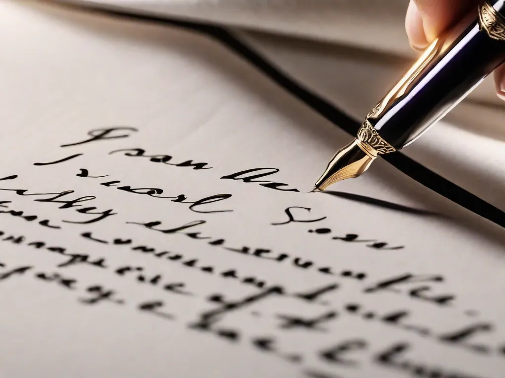 Descrição: Uma imagem em close-up de uma mão segurando uma caneta de caligrafia, deslizando graciosamente sobre uma folha em branco. A tinta flui suavemente, formando formas de letras elegantes e intrincadas, exibindo a beleza da caligrafia artística.