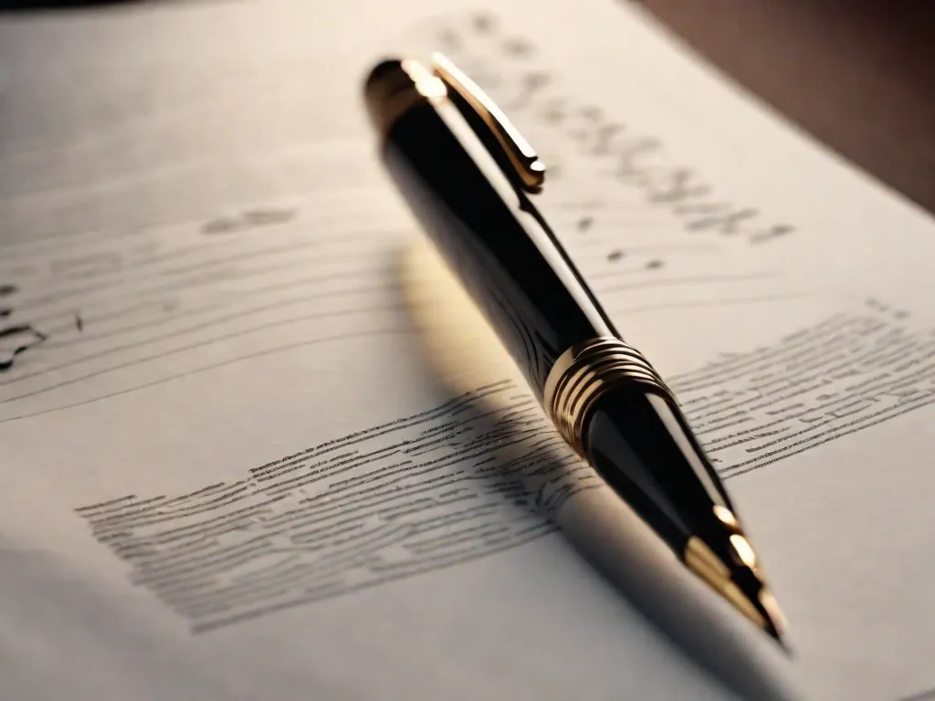 Uma imagem de close-up de uma caneta deslizando sobre uma folha em branco, criando linhas elegantes e fluídas de letras. A tinta deixa um rastro de padrões rítmicos, simbolizando a fusão de rima e ritmo na arte de escrever letras de músicas.