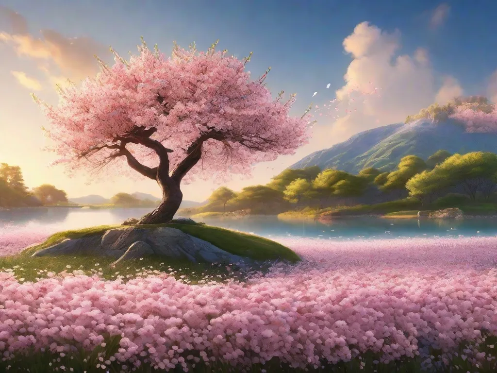 Descrição da imagem: Uma paisagem serena com uma árvore de cerejeira em plena floração ergue-se imponente contra um pano de fundo de um céu azul claro. Suas delicadas pétalas cor-de-rosa caem suavemente, criando uma cena poética que captura a essência da poesia Haiku.