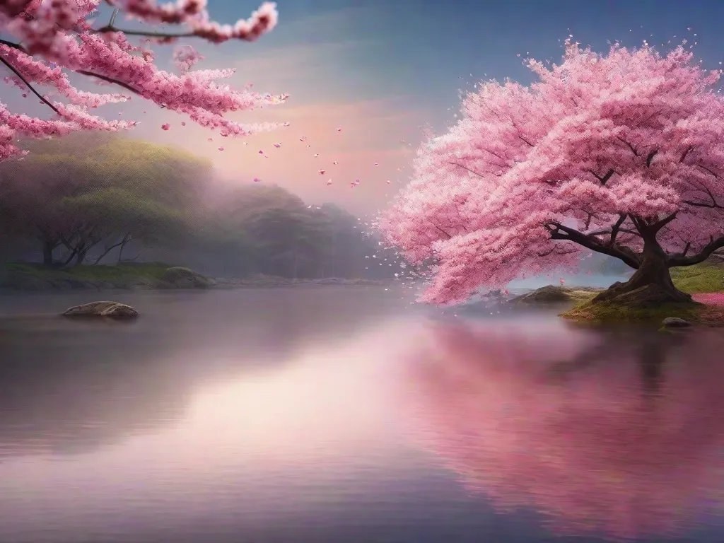 Uma imagem serena de uma única árvore de cerejeira em flor, suas delicadas pétalas cor-de-rosa balançando suavemente na brisa, encapsulando a essência da beleza da natureza. A simplicidade e tranquilidade dessa cena refletem a essência da poesia Haiku, capturando momentos fugazes em apenas algumas palavras.