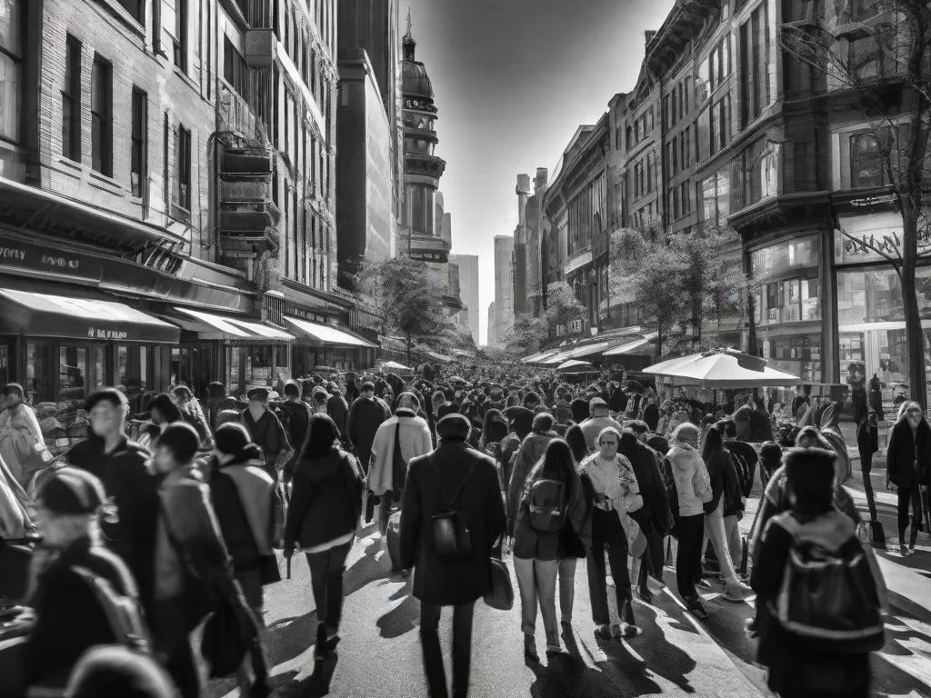 Descrição da imagem: Uma fotografia em preto e branco captura a essência de uma movimentada rua da cidade. Pessoas de todos os estilos de vida são vistas realizando suas rotinas diárias. A imagem está repleta de contrastes de luz e sombras, enfatizando a diversidade e a energia da vida urbana.