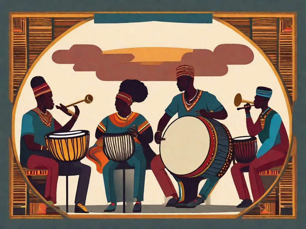 Descrição: Uma imagem de um vibrante círculo de tambores africanos, com músicos tocando diversos instrumentos tradicionais como djembe, tambor falante e kalimba. Os ritmos rítmicos e as melodias cativantes encantam a plateia, mostrando a profunda influência da cultura africana em gêneros musicais modernos como jazz, reggae e hip-hop.