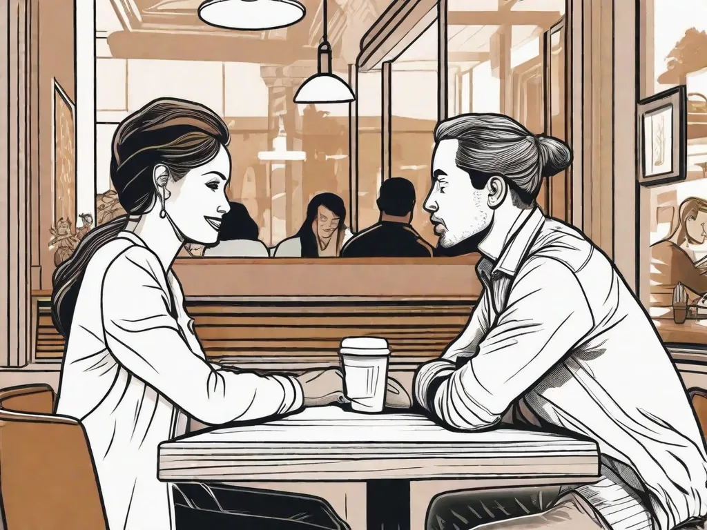 Descrição da imagem: Duas pessoas sentadas em uma mesa de café, envolvidas em uma conversa. Uma pessoa se inclina para frente, gesticulando com as mãos, enquanto a outra ouve atentamente, fazendo gestos de concordância e sorrindo. O ambiente é descontraído e amigável, criando um cenário perfeito para um diálogo autêntico fluir naturalmente.