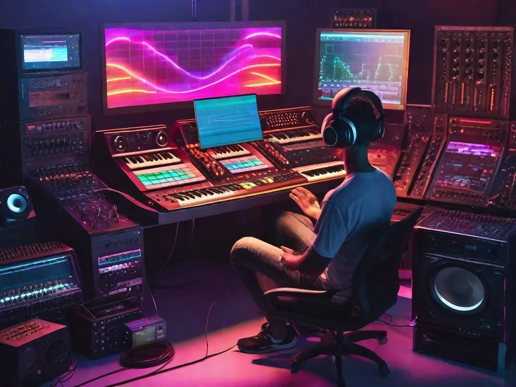 A imagem retrata uma pessoa sentada em frente a um computador, cercada por sintetizadores, controladores MIDI e fones de ouvido. Ela está imersa no processo de criação de música eletrônica, com formas de onda coloridas e ondas sonoras fluindo para fora da tela do computador. O ambiente está cheio de criatividade e paixão.