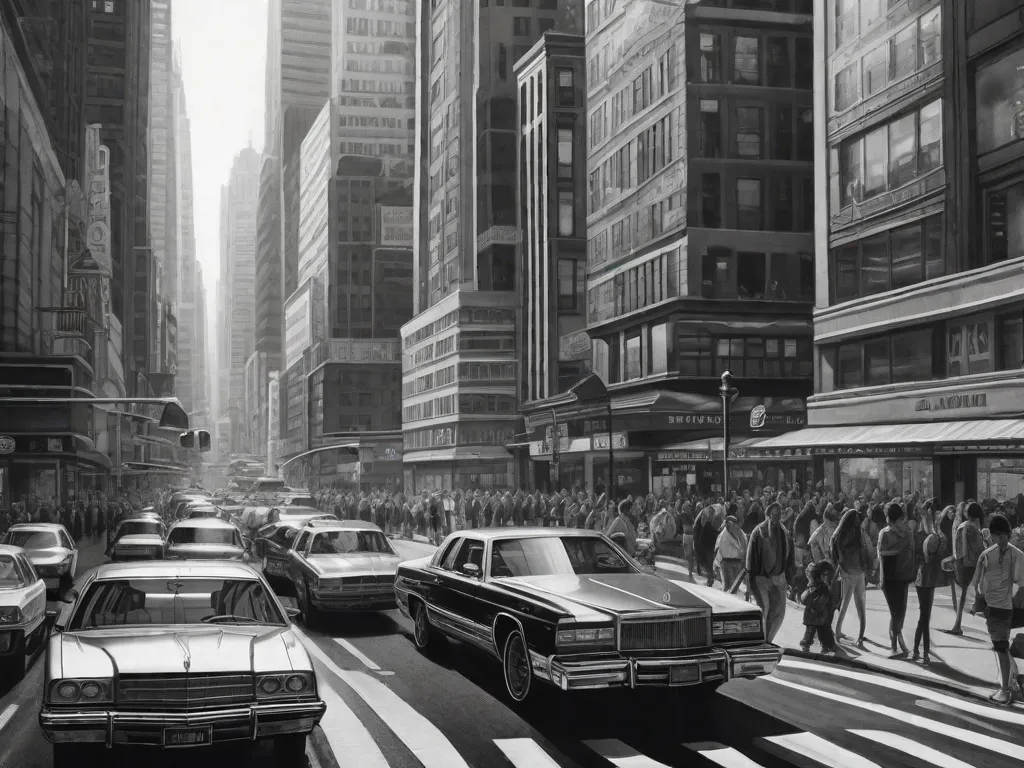Descrição da imagem: Um desenho detalhado em preto e branco de uma paisagem urbana movimentada, com arranha-céus imponentes, ruas movimentadas cheias de carros e pessoas caminhando nas calçadas. A perspectiva é habilmente criada, mostrando a profundidade e a escala do ambiente urbano.