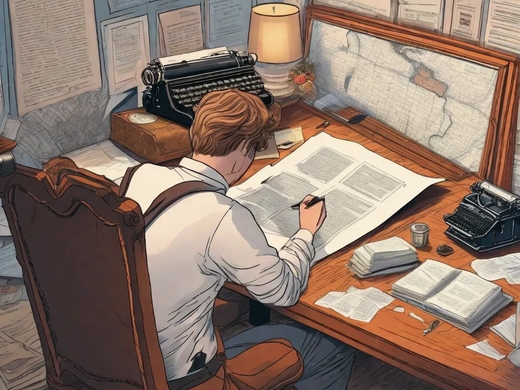 Descrição da imagem: Uma mesa de escritor com uma máquina de escrever e folhas de papel espalhadas. Na mesa, há um mapa de um mundo fictício, coberto de notas e anotações. O escritor está pensativo, caneta na mão, contemplando como entrelaçar as tramas intricadas de seu romance épico.