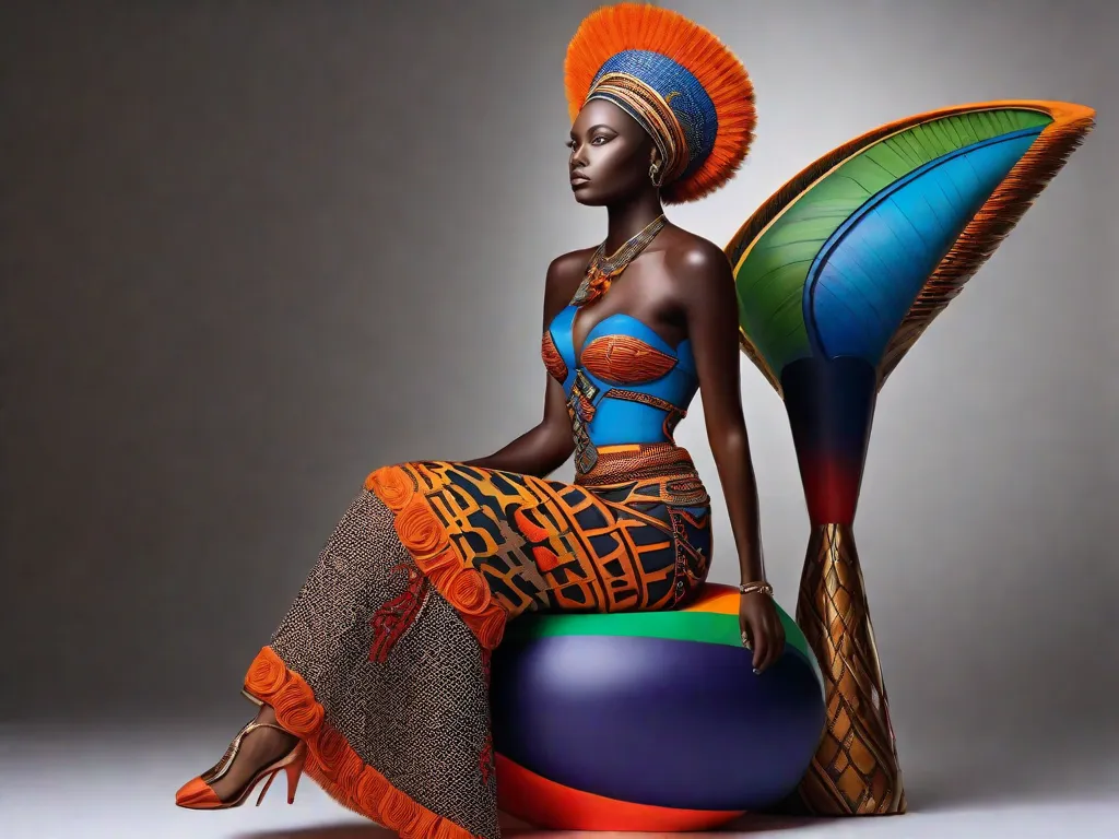 Descrição: Uma imagem que mostra uma escultura contemporânea inspirada na arte africana. A escultura é feita de bronze e apresenta padrões e motivos intricados que lembram máscaras e esculturas tradicionais africanas. Sua forma ousada e dinâmica representa a fusão das influências artísticas africanas com a estética moderna.