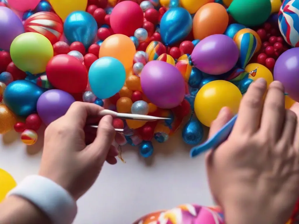Uma imagem vibrante mostrando um habilidoso artista de balões criando uma escultura hipnotizante. Com dedos ágeis, eles torcem e moldam balões coloridos em uma obra-prima intricada. A expressão concentrada do artista reflete sua paixão e expertise na arte de esculpir balões.