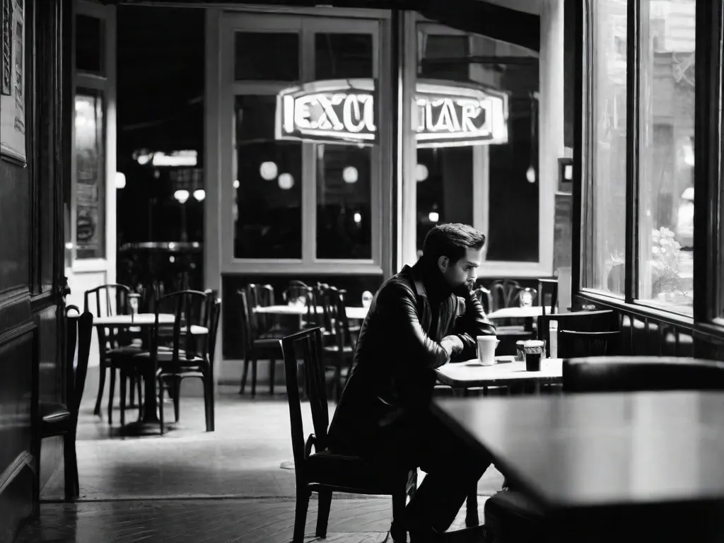 Descrição da imagem: Uma fotografia em preto e branco de uma figura solitária sentada em uma mesa de café com pouca iluminação, mergulhada em pensamentos. O rosto da pessoa está parcialmente obscurecido, enfatizando a ideia existencialista de individualidade e introspecção. A imagem captura a essência da influência do existencialismo na literatura, retratando a natureza contemplativa dos temas