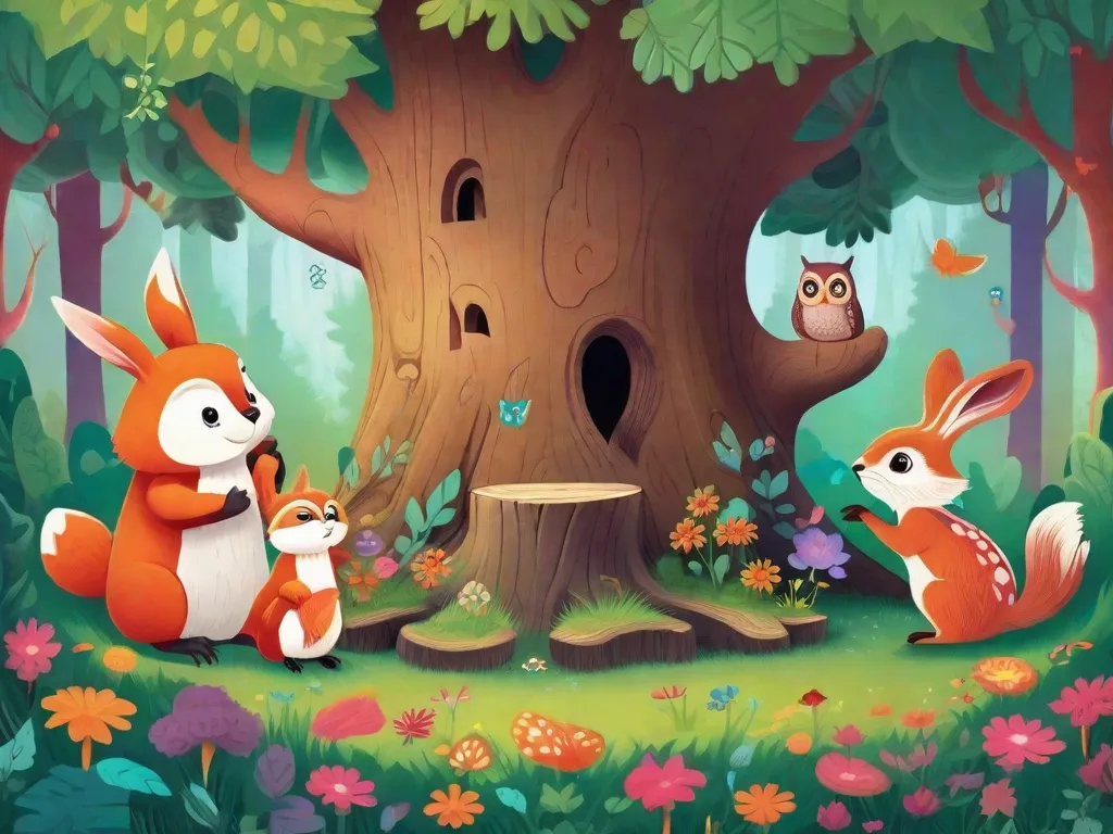Descrição: Uma ilustração encantadora de uma floresta colorida e mágica, com árvores altas adornadas com folhas vibrantes e flores. No primeiro plano, um grupo de animais amigáveis, incluindo uma coruja sábia, um esquilo brincalhão e um coelho curioso, se reúnem ao redor de um tronco aconchegante, como se est