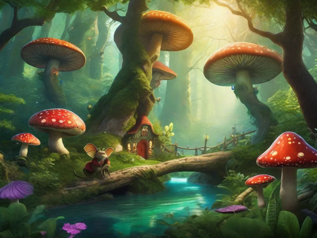 Descrição: Uma ilustração caprichosa de uma floresta mágica, com cores vibrantes e criaturas fantásticas. As árvores são altas e retorcidas, com folhas em várias tonalidades de verde. Um dragão amigável voa acima, enquanto um gnomo travesso espreita de trás de um cogumelo. A cena está cheia de maravilha e imaginação.