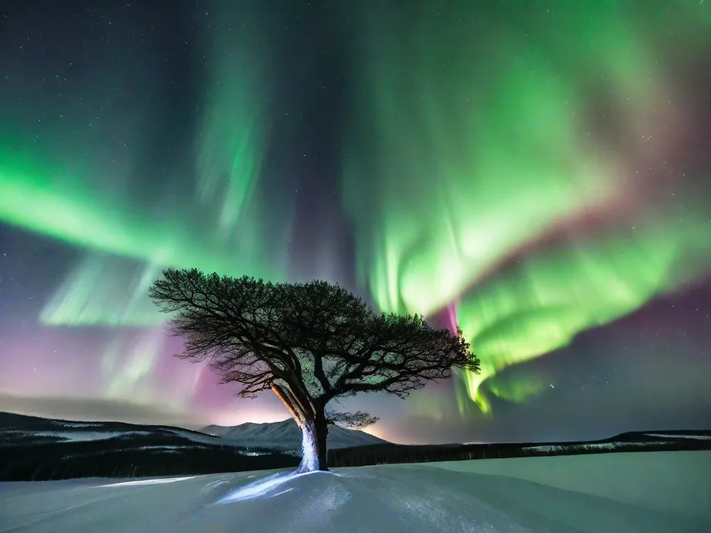 A imagem retrata uma paisagem misteriosa e deslumbrante com uma aurora boreal brilhante no céu noturno. No meio da imagem, há um guerreiro nórdico imponente com armadura e um martelo de guerra, representando a influência da cultura nórdica na arte fantástica.
